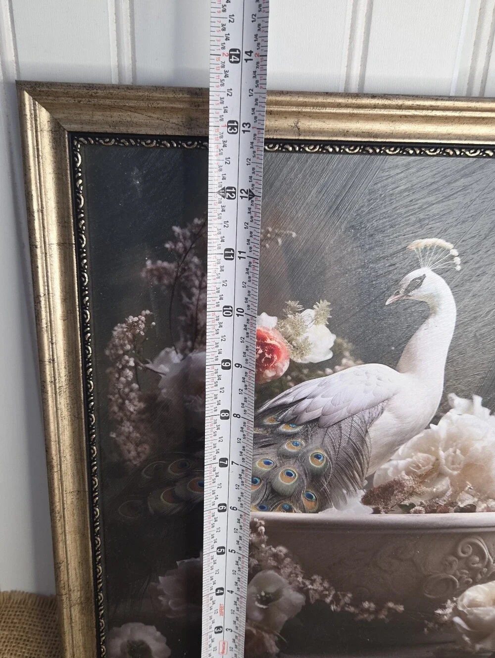 Picture white peacock sitting in a vintage-style bathtub surrounded blush pink